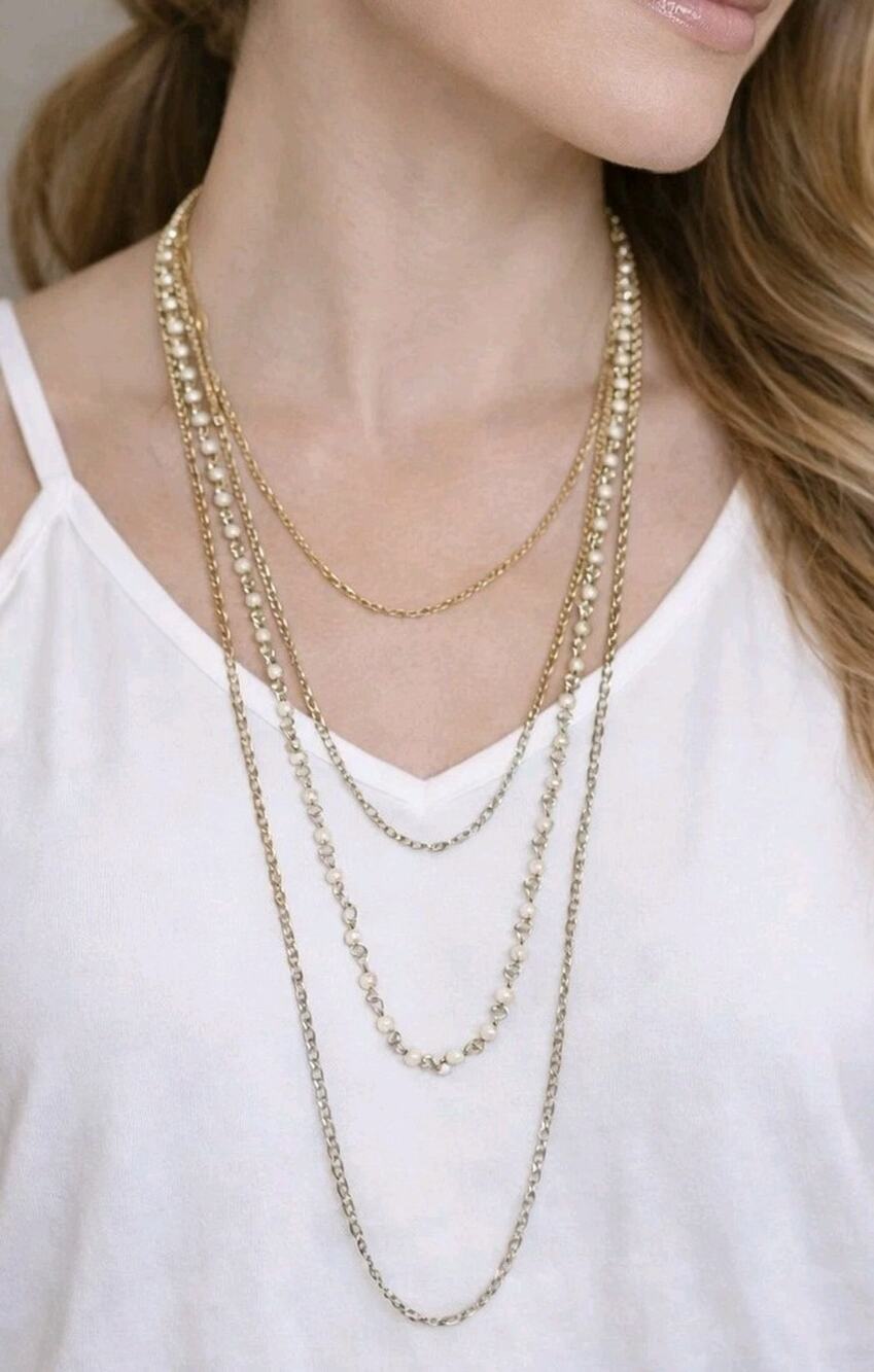 Long Multi-Strand Layered Necklace- Gold-tone & White Lucite- 4 Strands wh04-21